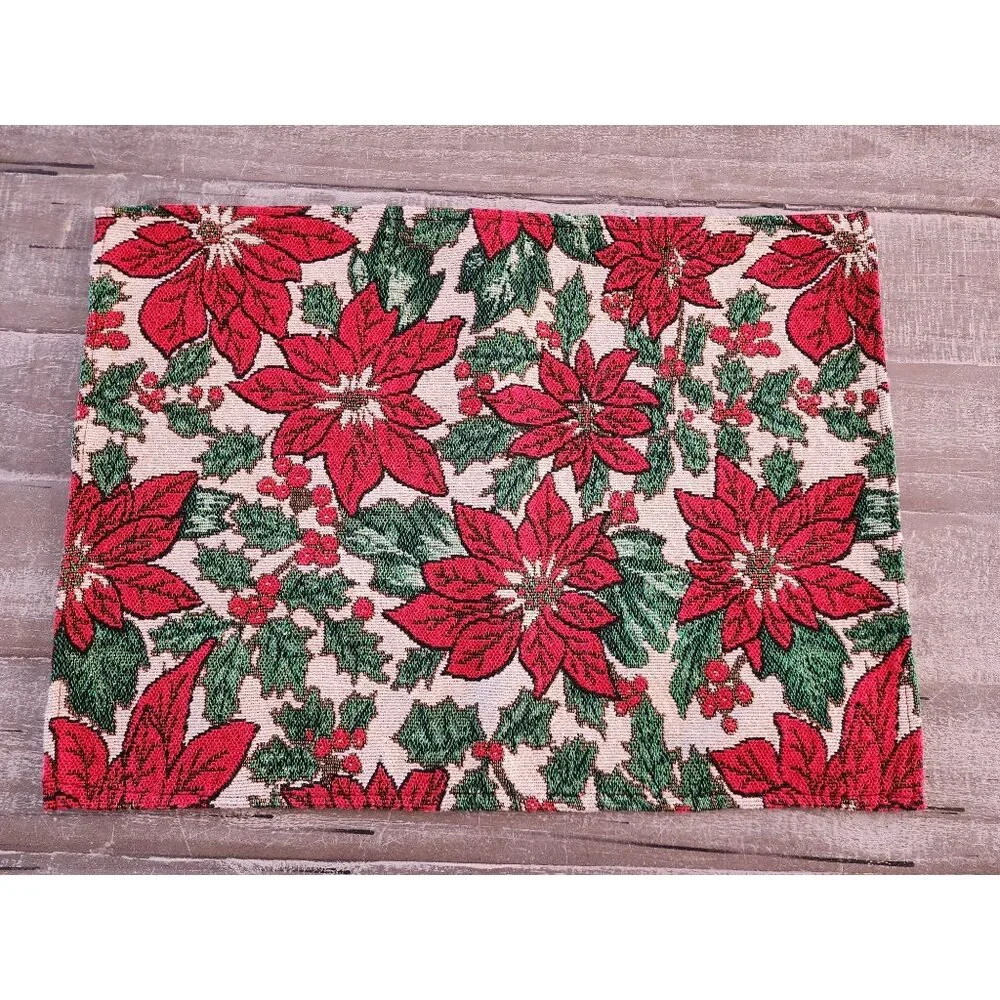 Festive Holiday Poinsettia Pattern Woven Tapestry Placemats Set Of 4 17